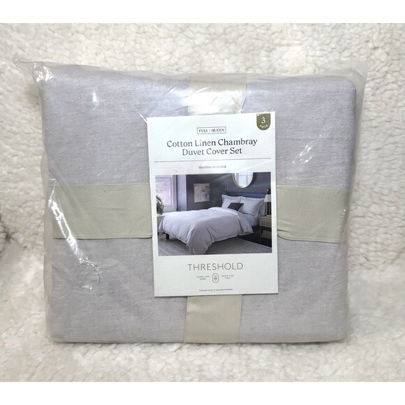 Full/Queen Linen Chambray Duvet Cover & Sham Set Light Gray Threshold NEW - Picture 6 of 8
